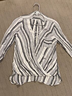 Lace-Up Striped Wrap Blouse - White & Blackish/Grey Color